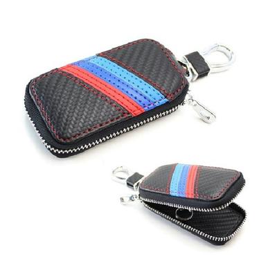 (1) M-Colored Stripe Carbon Fiber Pattern Leather Key Holder Cover For BMW Fans