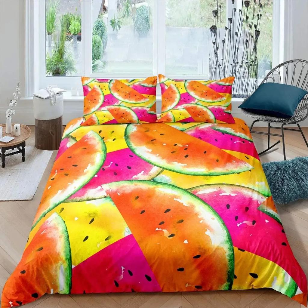 Watermelon Duvet Cover Set Green and Red Colour Polyester Comforter Cover King Queen Full Size for Kids Teens Adults Bedding Set