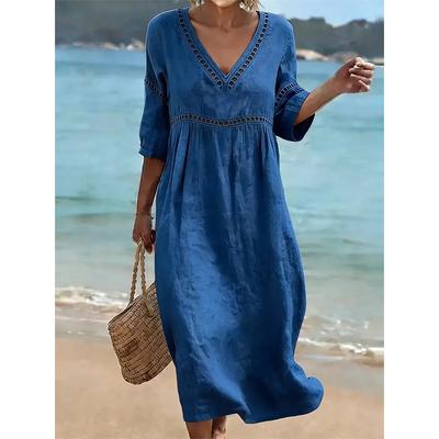 Damen V-Ausschnitt Einfarbig 3/4 Ärmel Midi Kleid Lässig Elegant Sommer