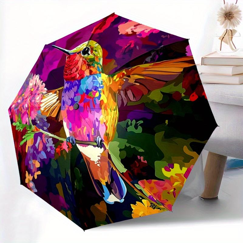 1pc Hummingbird In a Vibrant Garden Automatic Opening and Closing Umbrella, Lightweight 3-Fold, With Cute Cartoon Characters, Suitable for Home,