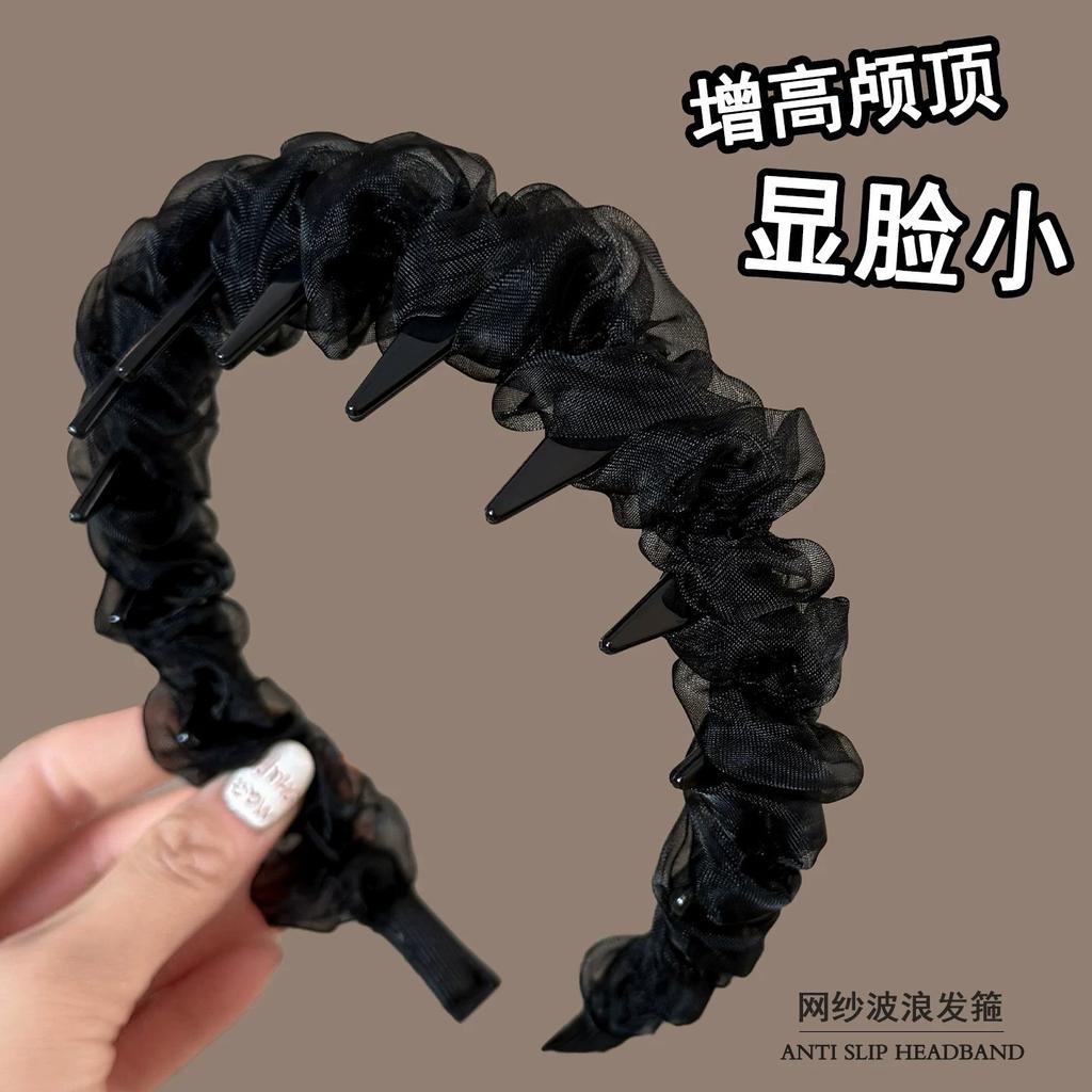 Women French Sparkling Pearl Wavy Headband, High Skull Top Toothed Hair Band, Non-slip External Wear Pressure-Reducing Hair Accessory