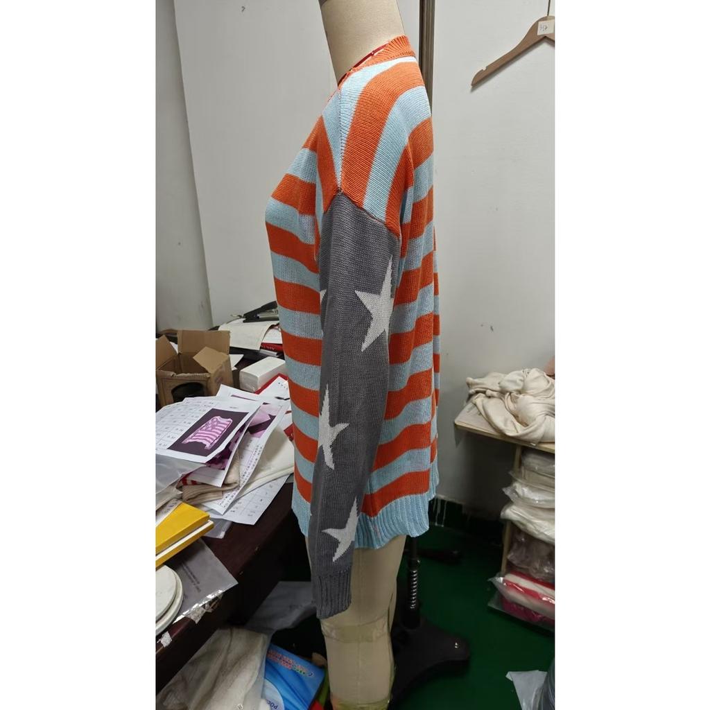 Women's US Flag Print Long Sleeve Knit Sweater Top Spring Summer