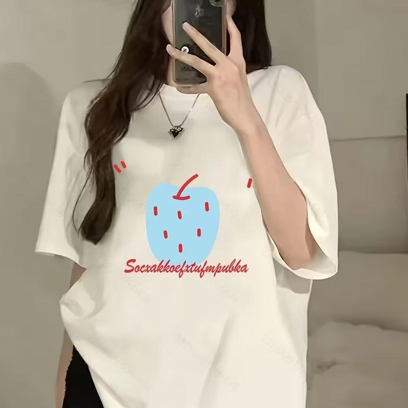 Cute Korean Style Blue Apple Print T-Shirt Women Sweet Casual O-Neck Short Sleeve Loose Tshirt Aesthetic Summer Graphic Tops S