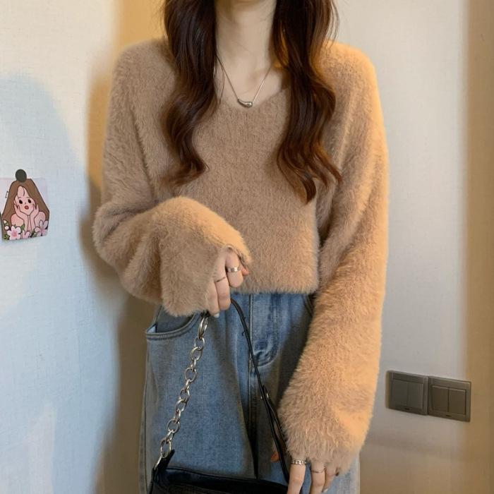 Women's V-Neck Imitation Mink Fleece Sweater - Thick, Warm, Knitted Long-Sleeved Top for Autumn and Winter