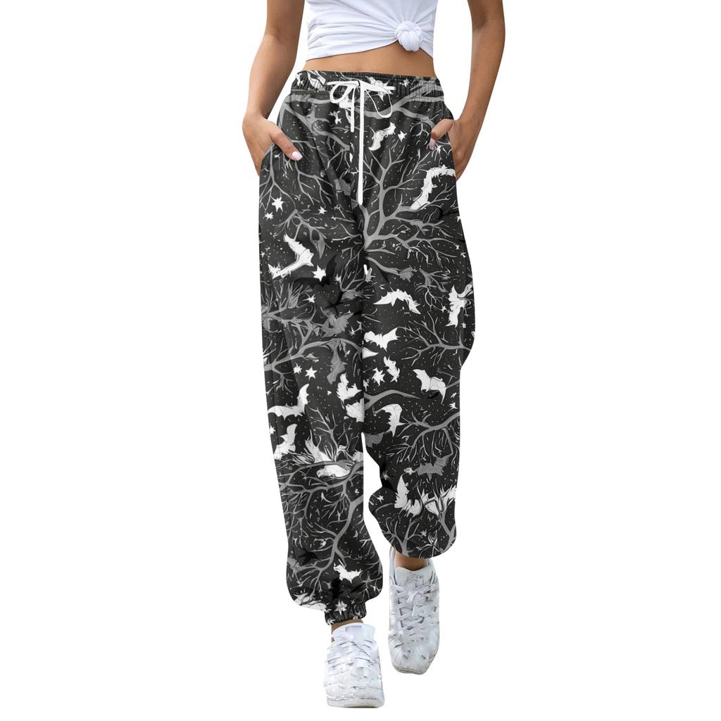 Damen Casual Mode Halloween Print Freizeithose Jogginghose Lange Hose Kordelzug Elastischer Bund Bündchenhose