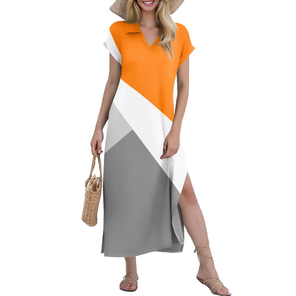 Women's Casual Comfortable V Neck Loose Hem Split Vacation Short Sleeve Geometric Long Dresses