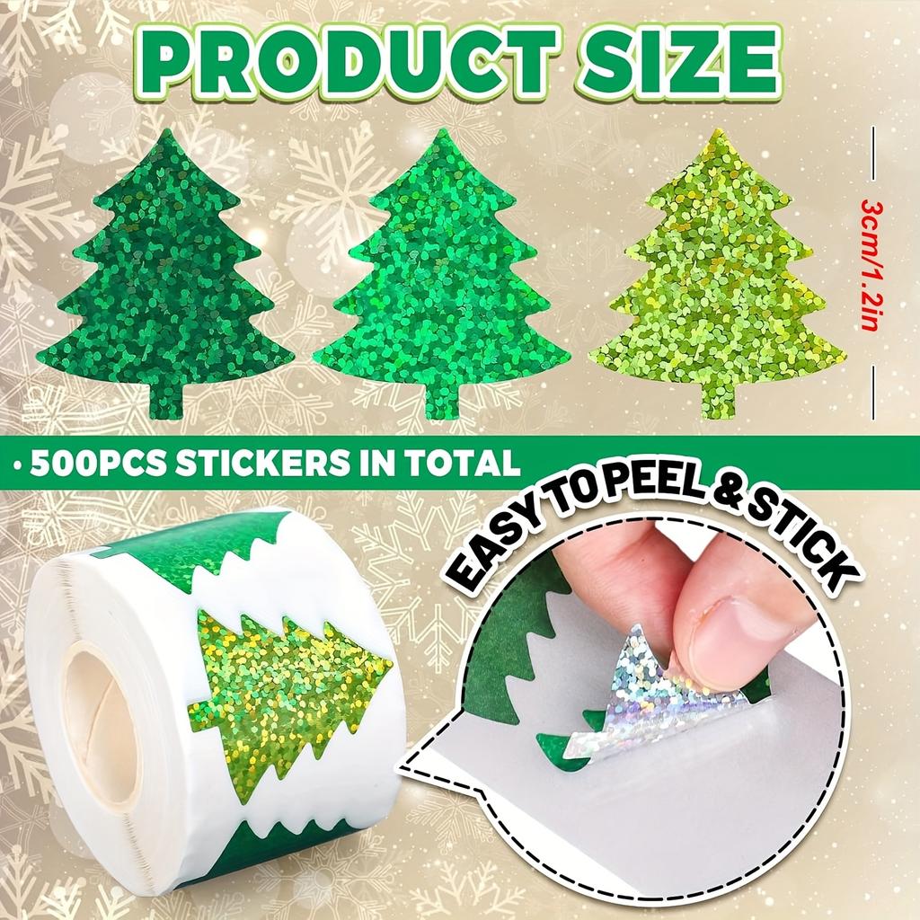 Christmas Tree Sticker Roll,Laser Stamp Sticker,3-color Green Waterproof Self-adhesive Paper,Magazine Decoration,Party Supplies