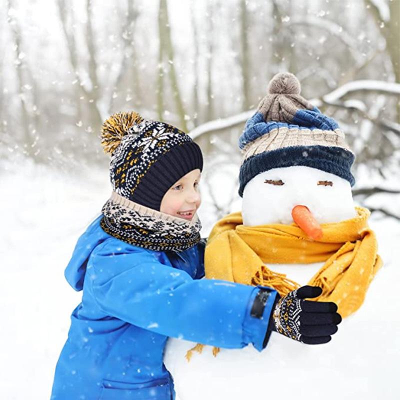 3pcs Kids for Boys Girls Scarf  Gloves 3-11Y Muffler Hats Winter Windproof Snowflake Warm Knitted Hat