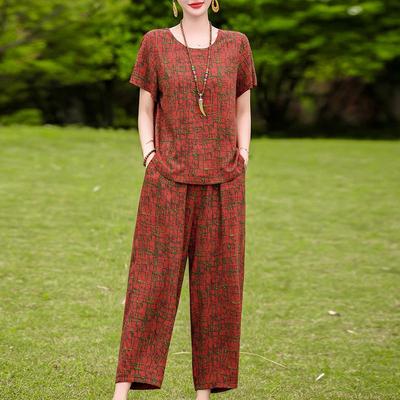 Completo estivo da donna a 2 pezzi stampato, taglie forti, casual, con top a maniche corte e pantaloni (Taglia XL-5XL)