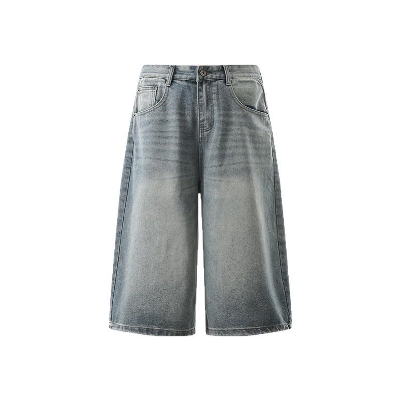 Men's Vintage Washed Cropped Jeans  Loose Wide Leg Casual Denim Pants Unisex