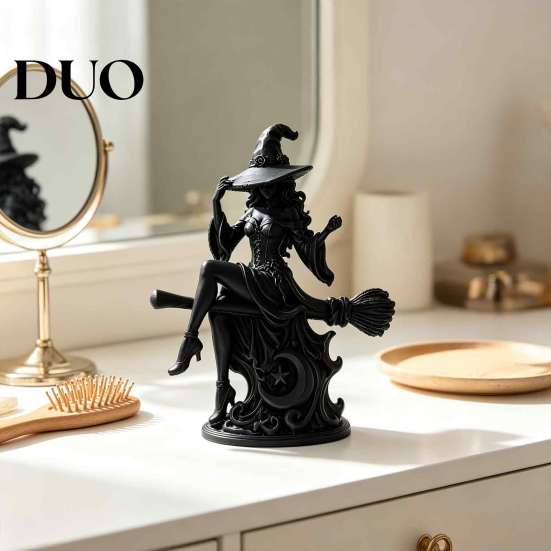 Dark Aesthetic Desk Accessory Gothic Witch On Broom Statue, 3D Printed Spooky Tabletop Figurine for Unique Gift Her Home Party, Black Halloween Decor