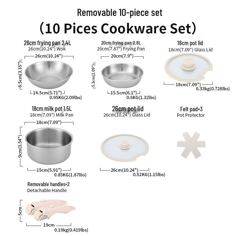 304 Stainless Steel Cookware Set: Non-Stick Maifan Stone Wok, Flat Frying Pan & Stockpot with Removable Handle