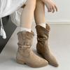 Cow Velvet~ Fashion Boots Thick Heel Pointed Pile Boots Short Boots High Heel Retro Western Knight Boots V Mouth Medium Boots