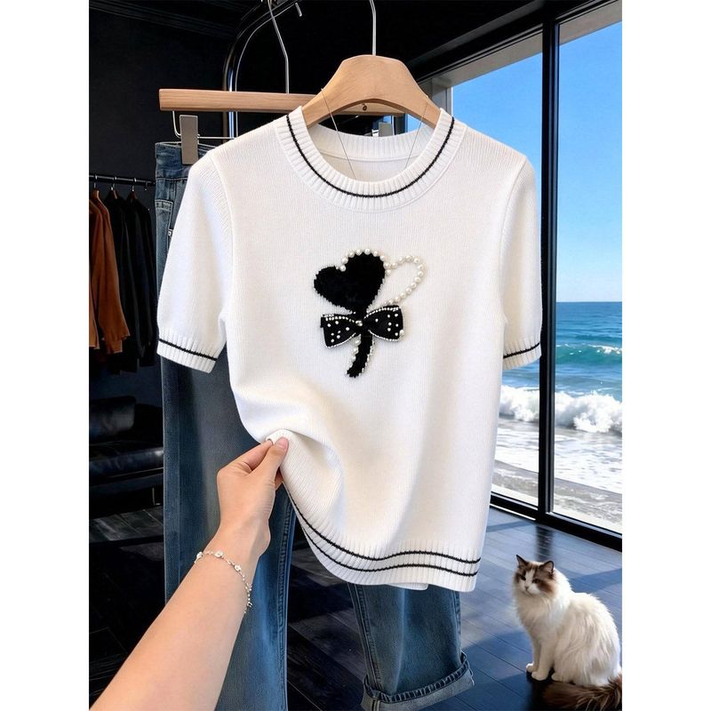 

Bowknot Heart Beaded Short-Sleeve Knit Top for Women, 2026 Summer New Korean Style, Super Pretty and Youthful White S