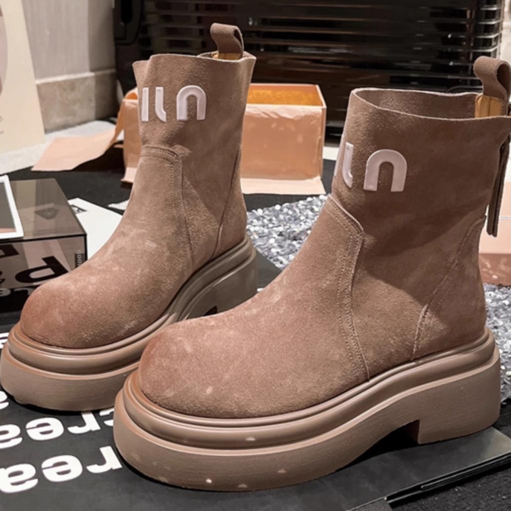 Platform Martin Boots Women's Shoes Fur Letter Cigarette Boots Chelsea Boots Muffin Locomotive Short Boots Tooling Rhubarb Boots