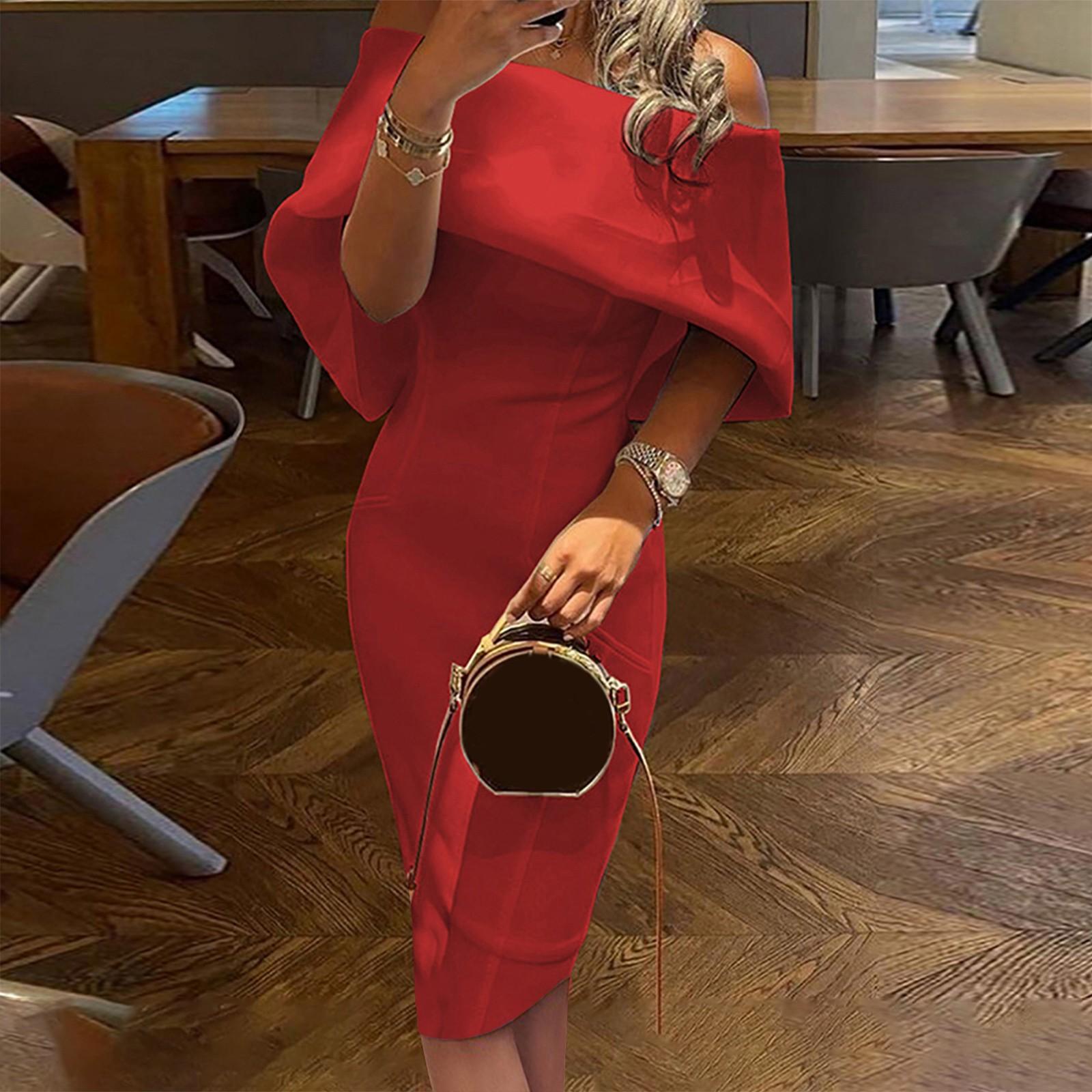 

Women s Fashion -piece Collar Turn Shoulder Slim Dress Hip Slim Sleeveless Dress S красный