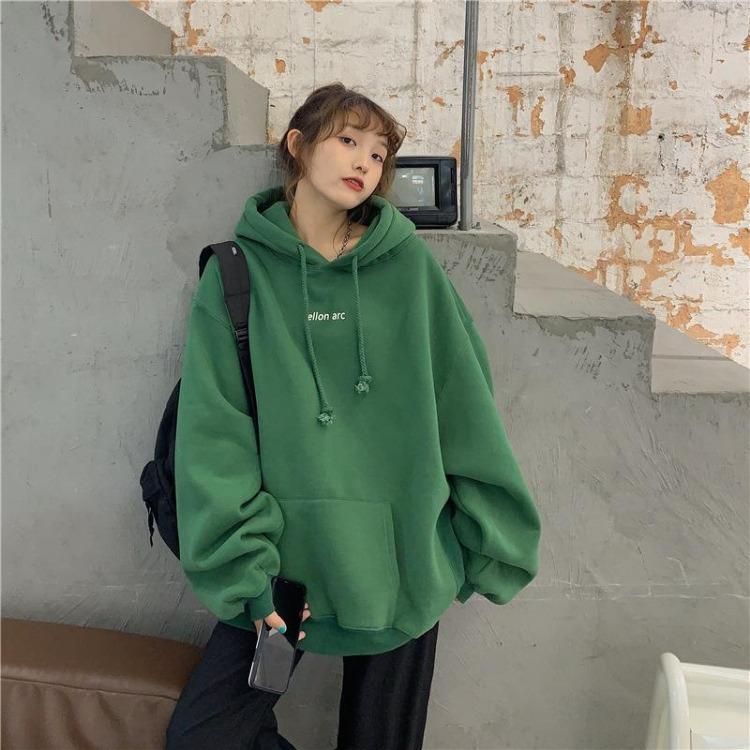 Autumn Winter Velvet Hooded Oversized Hoodie Women Loose Top Letter Print for Student Ladies