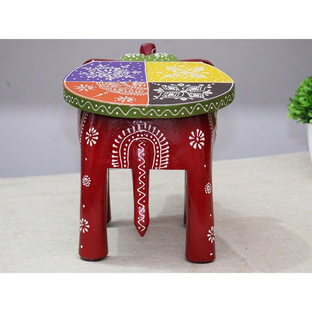 Handcrafted and Hand-Painted Colorful Wooden Elephant Stool/Side Table for Home/Office/Living or Bedroom Decor (Maroon)