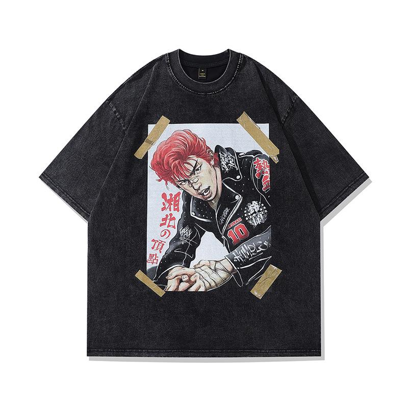Japanese Cartoon Printed Hiphop Heavy Washed Old Short-Sleeved T-Shirt Men'S And Women'S Hip-Hop Retro Half-Sleeved Tee