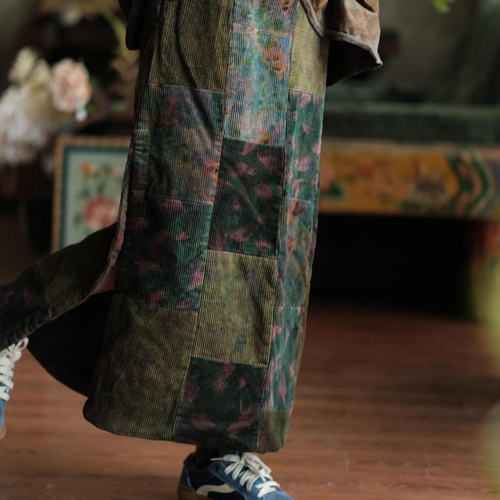 Luo Gu Ni Retro Artistic Corduroy Patchwork Skirt - Green
