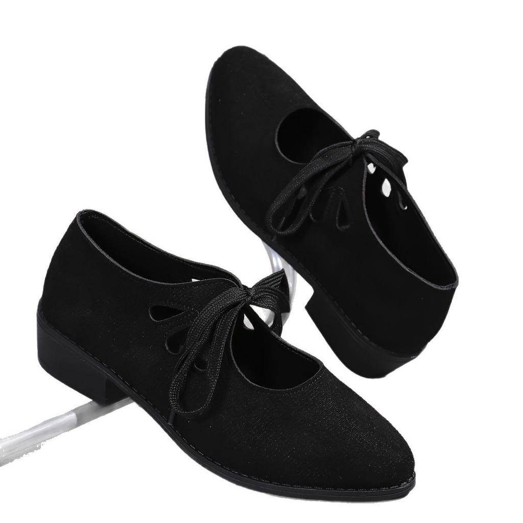 Large Size Shallow Lace-up Fashion Single Shoes  Spring New European and American Versatile Thick Heel Pointed  Shoes
