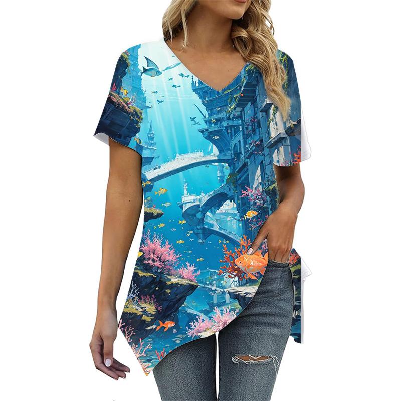 

3D printing casual street short sleeved women s fashion V-neck underwater world pattern T-shirt short sleeved top new style L