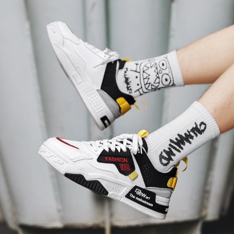 Mode Frühling Neu Leder Freizeitschuhe Mann Flache Sneaker Atmungsaktiv Anti-Geruch Luftpolster Laufschuh Graffiti Skateboard-Schuh