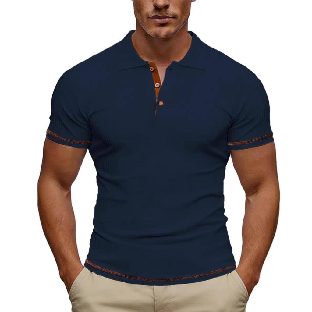 Men's Summer Casual V-Neck Ribbed T-Shirt Short Sleeve Color Tee Top For Holiday Outings