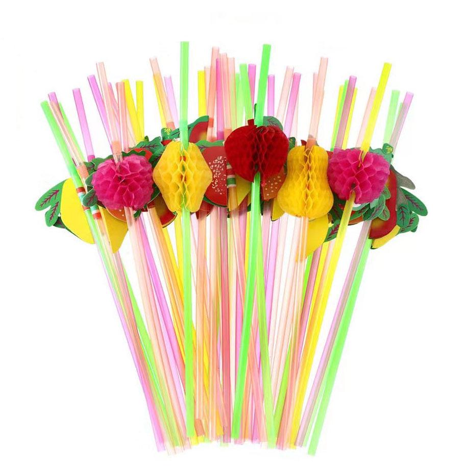 Hawaiian Party Decoration Set: 3D Honeycomb Fruit Straws, Umbrella Picks, and Flamingo Picks