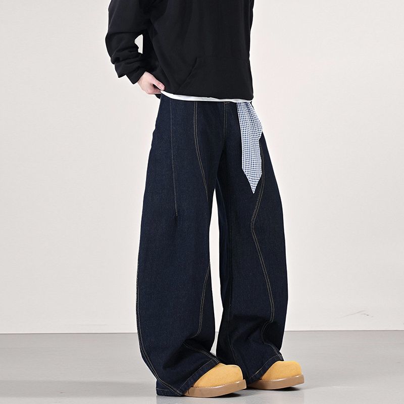 American Retro Washing Scimitar Jeans Men and Women Loose Design Square Scarf Wide-leg Casual Trousers