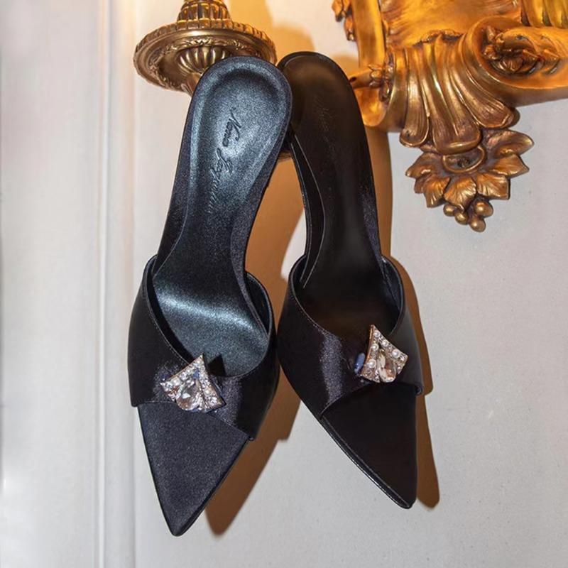 Fashion Pointy Crystal Satin Mules Women Sweet Peep Toe High Heels Elegant 2025 Summer Shoes Causal Ladies Outfit Luxury Silk Slippers