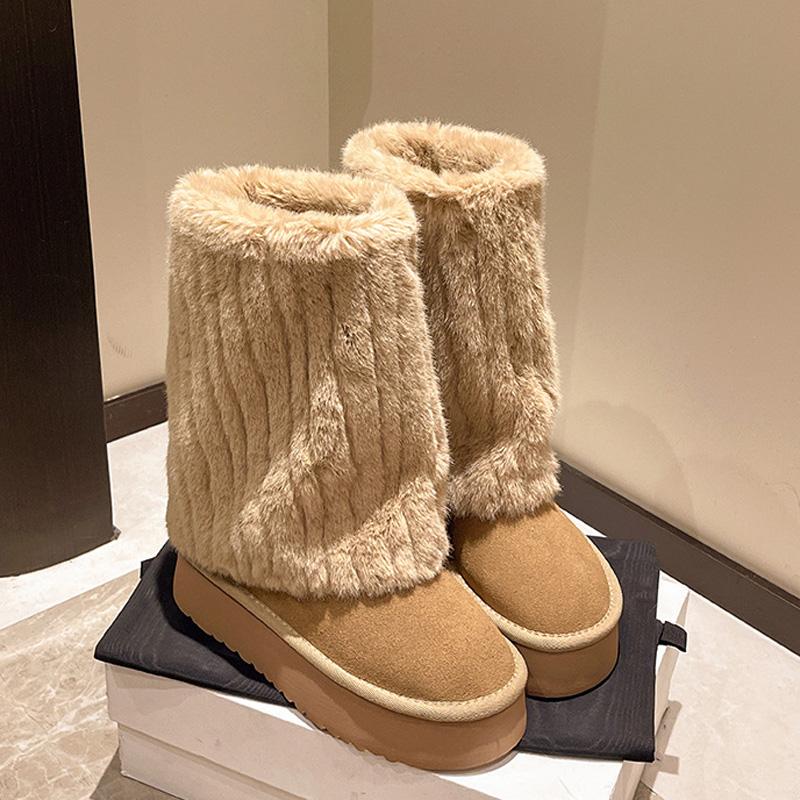 Women Snow Boots Mid-Calf Fur Integrated Winter Cotton Shoes Non-slip Faux Fox Fur Plush Thick Sole Fashion Furry