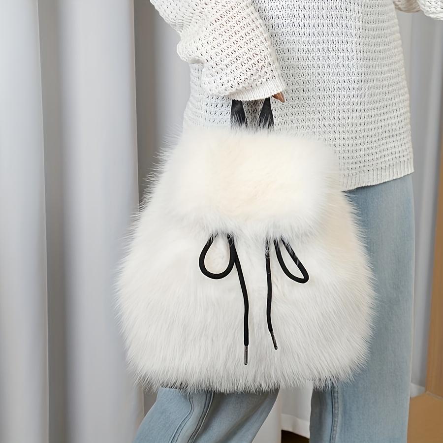 1pc Elegant Women'S Faux Fur Backpack - Adjustable Strap, Drawstring Closure, Multi-Pocket Design,Perfect for Travel & Casual Use
