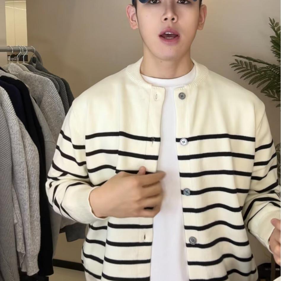 Слегка Взрослый Мужской Вязаный Кардиган в Полоску - Классическая Повседневная Куртка ОсеньЗима 3XL 160-170 lbs абрикосовый 2200₽