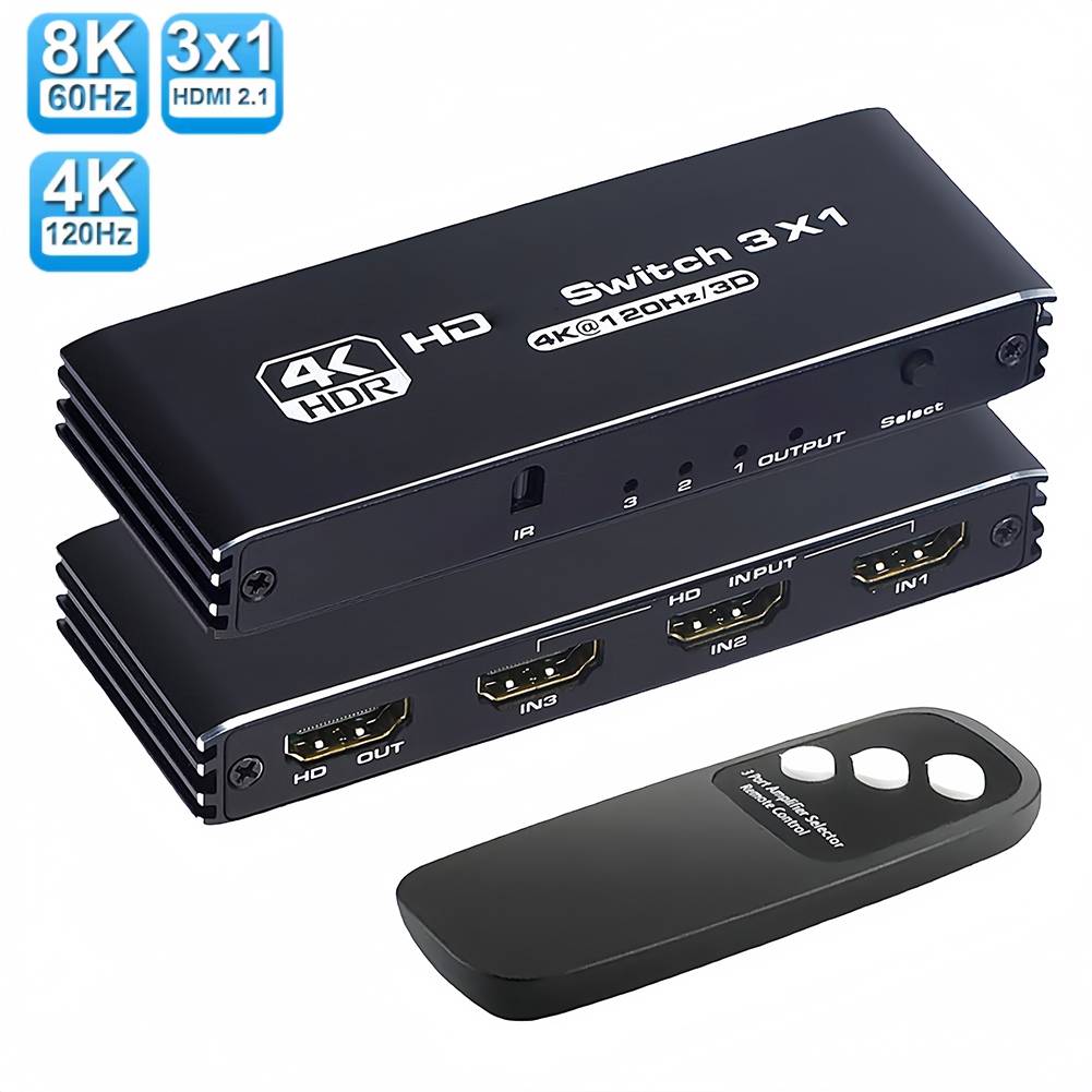 3 Port HDMI-compatible 2.1 Switch 8K 60Hz 4K@120Hz HDMI Switcher Selector Hub 3 in 1 out with IR Remote Control for Xbox PS5 TV