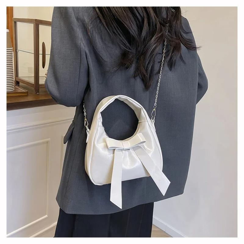 Sweet Bow Pu Shoulder Bags for Women Simple Solid Color Ladies Chain Crossbody Bag Versatile Portable Girls Handbags Clutch