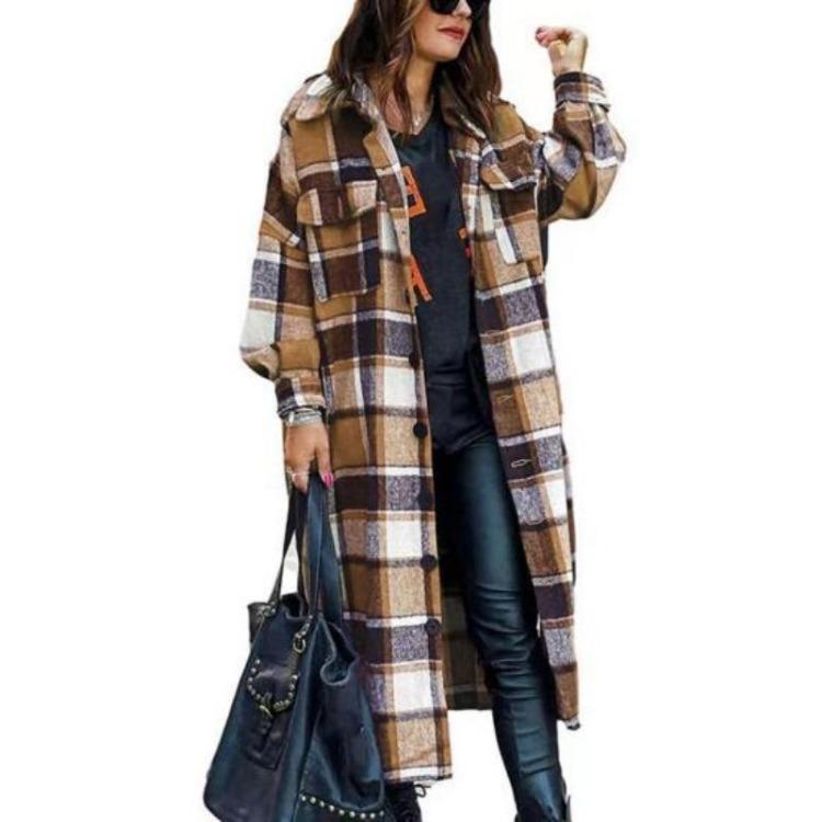 Giacca Calda Spessa a Quadri da Donna Larga Manica Lunga Lunghezza Media Cappotto Collo Abbinamento Colore Monopetto Tasche Streetwear Pendolarismo
