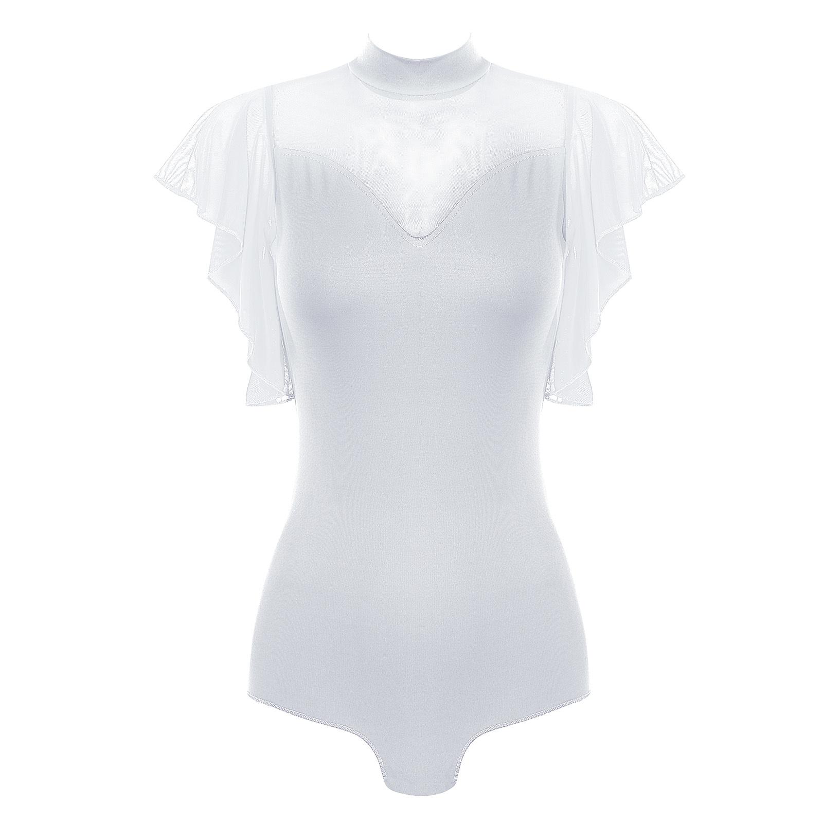 

Жіночий латиноамериканський купальник з рюшами, сітчастими короткими рукавами, дизайном з імітацією горловини, самозав язкою та вирізом-краплею на спині, боді для сценічних виступів 3XL білий