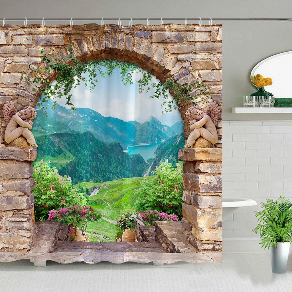 Tenda da Doccia da Giardino Esterna Muro a Fiori Arco Architettura Piante Fiori Paesaggio Poliestere Tende Sospese Decorazioni Bagno