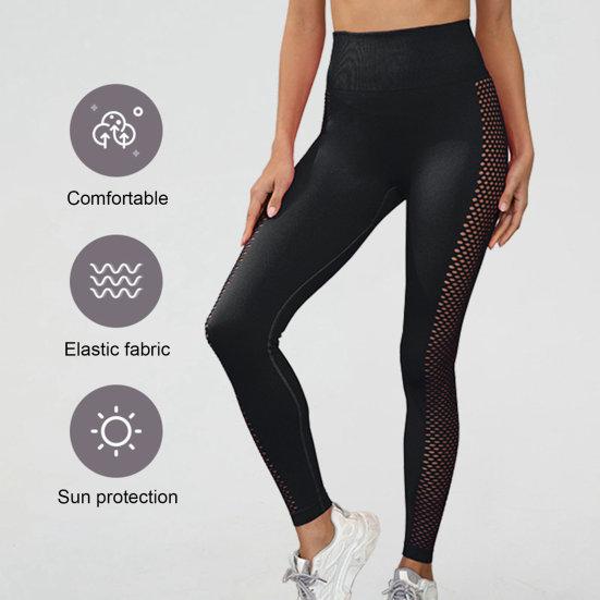 Women Solid Color High Waist Yoga Pants Push Up Hip Lifting Tummy Controlling Side Hollow Mesh Splicing Fitness Leggings