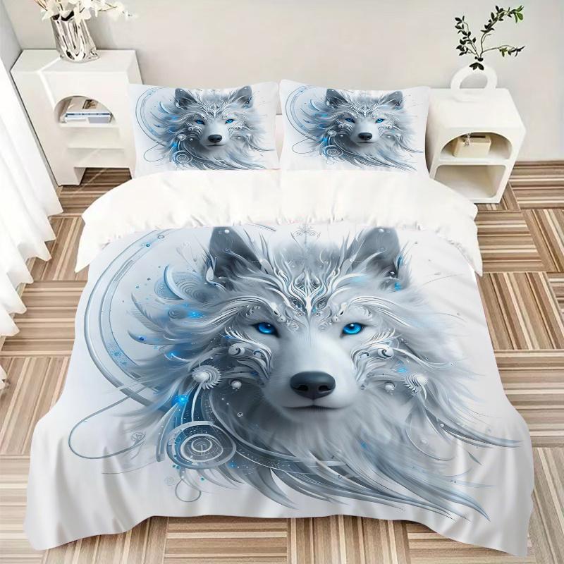 3pcs Enchanted Moonlit Wolf Design Print Bedding Set (1 Cover + 2 Pillowcases, Without Inserts), This Printed Bedding Set Is Soft and Comfortable