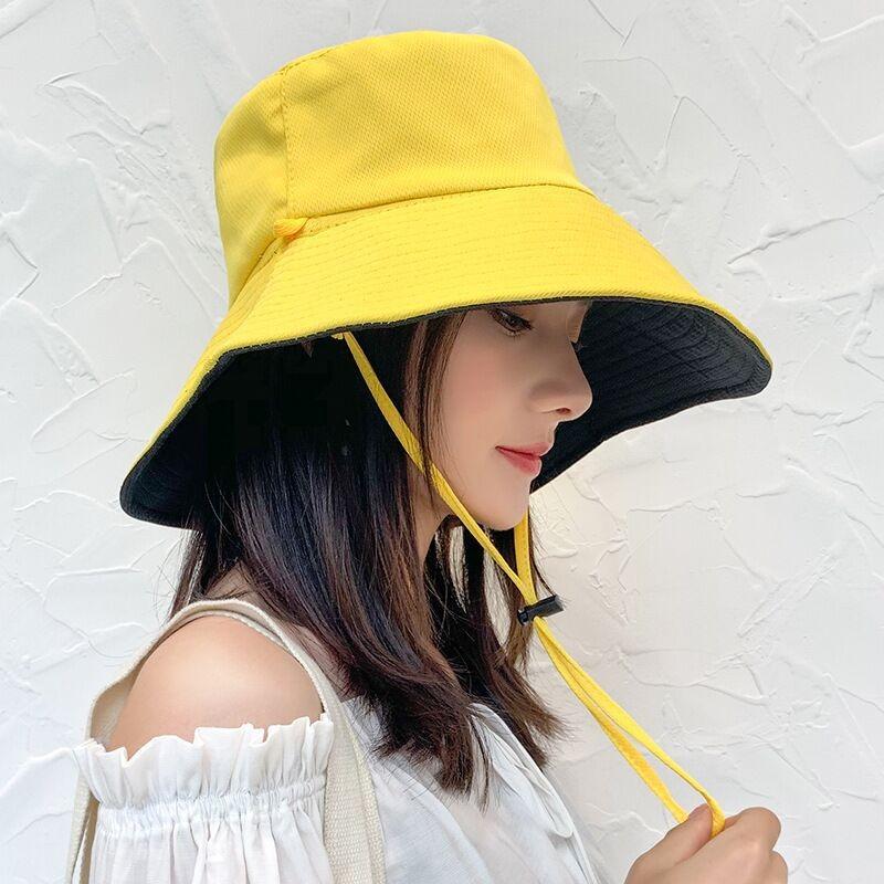 Double Sided Solid Color Flat Top Leisure Large Eave Fisherman Hat Lightweight Shading Foldable Detachable Windproof Rope