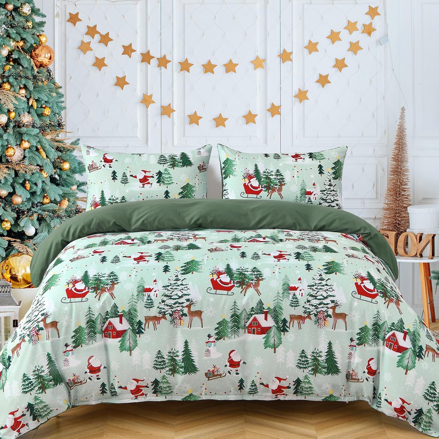 

Green Christmas Duvet Cover Set - Double Santa Claus & Christmas Tree Snowflake Pattern Soft Microfiber Bedding Set US Twin(172x218cm)
