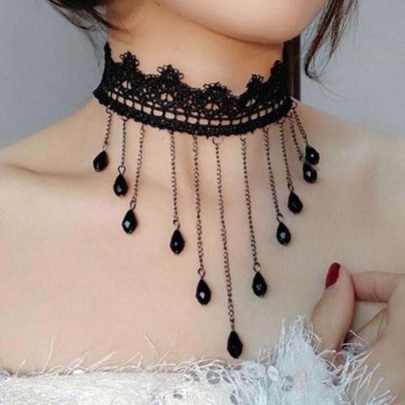 Black lace necklace Gothic lace necklace crystal pendant Halloween cosplay party diamond necklace women's jewelry