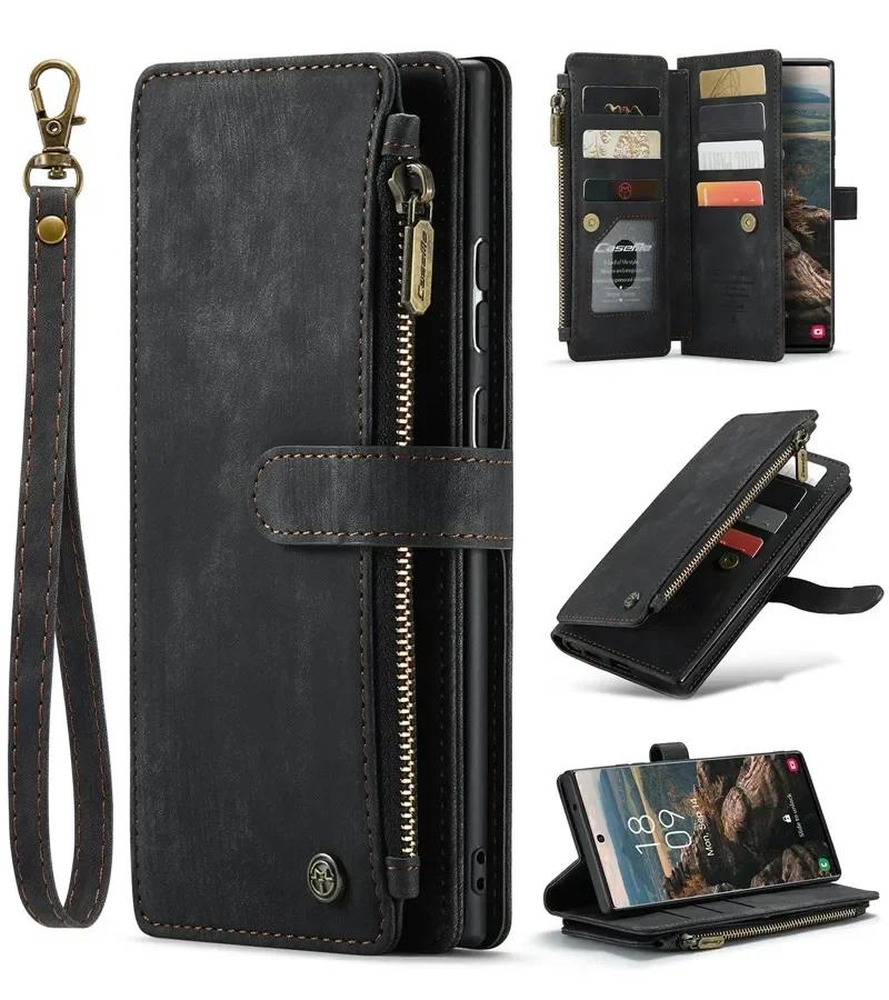 Leather Wallet Card Phone Case For Samsung Galaxy S25 Edge S24 FE S23 Ultra S22 Plus S21 S20 Note20 A56 A54 Zip Flip Stand Cover