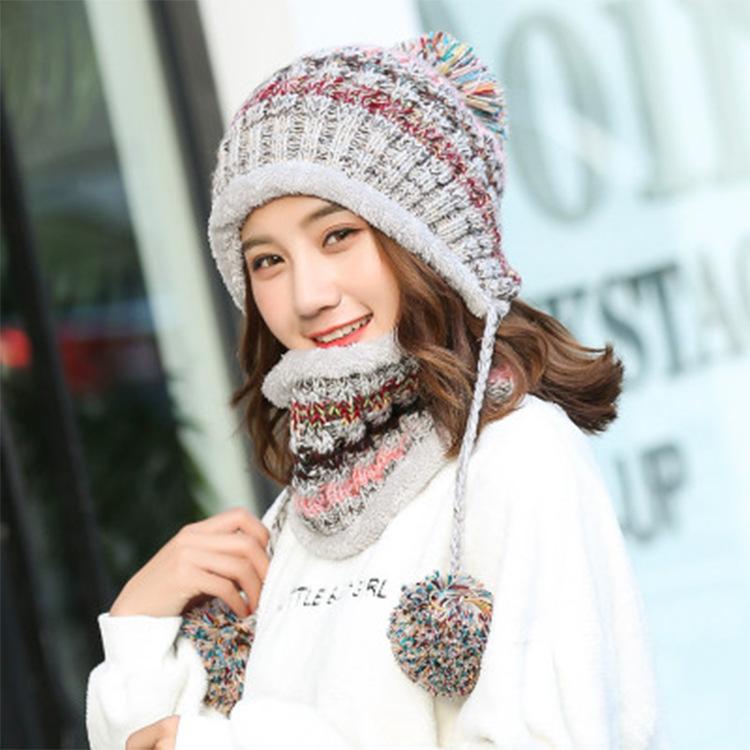 Wool hat women's winter sweet and cute knitted autumn and winter street thickened ear hat scarf neck cover hat