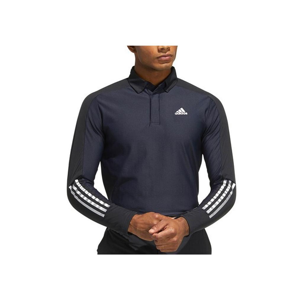 Adidas Solid Color Logo Stripe Fleece-Lined Long Sleeve Golf Polo Men Tops Black GT3424