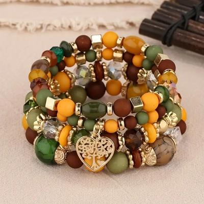 Elegant Bead Elastic Bracelet Middle Eastern Style Ladies' Warm Autumn Color and Casual Outings with Heart-shaped Charm Couple Bracelet Weddings