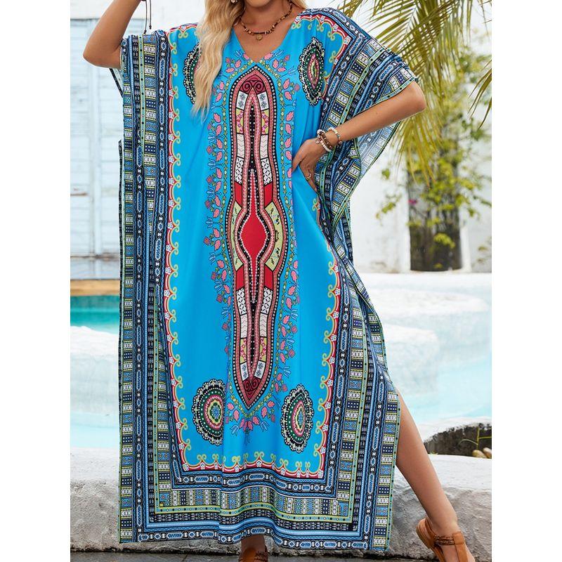 Bohemia Summer Fashion V Neck Positioning Print Loose Djellaba Beach Vacation Bikini Sun Protective Blouse