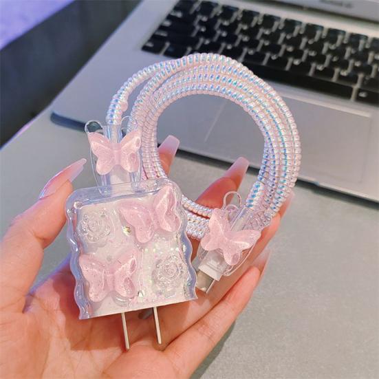 Protective Case for iPhone 20W USB-C Adapter Charger Cable 3D Cartoon Butterfly Power Adapter Charger Protective Cover Charging Cord Protector